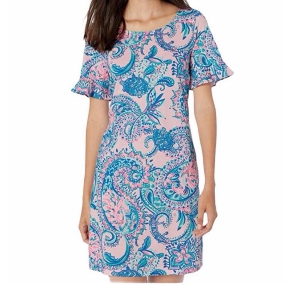 Lilly Pulitzer Mellorie Dress size large Pink Blue Tropical Ruffle Sleeves